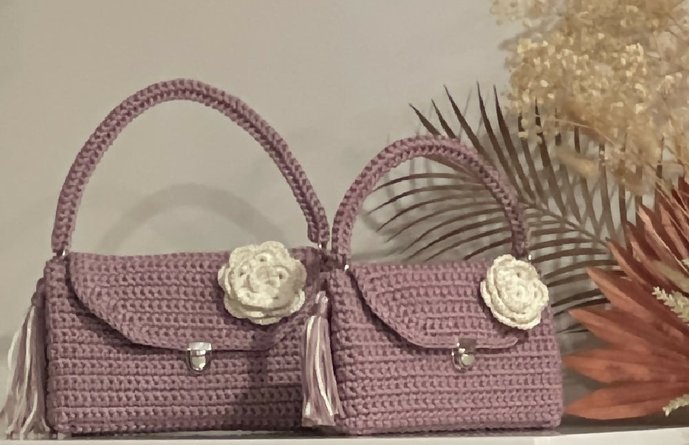 Mum & Daughter Crochet Purse Set, Flower Brooch + Tassel, Special Occasion Gift