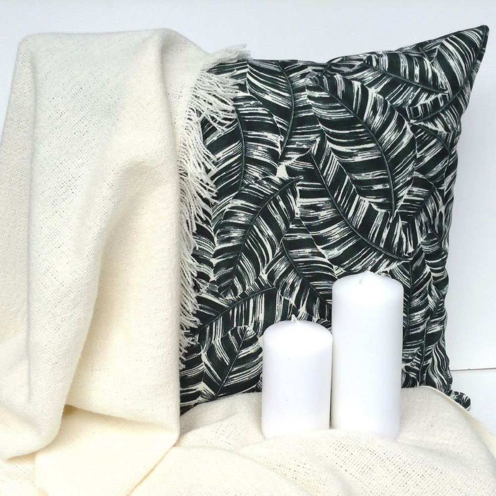 Cushion cover - Green and white cotton palm design.