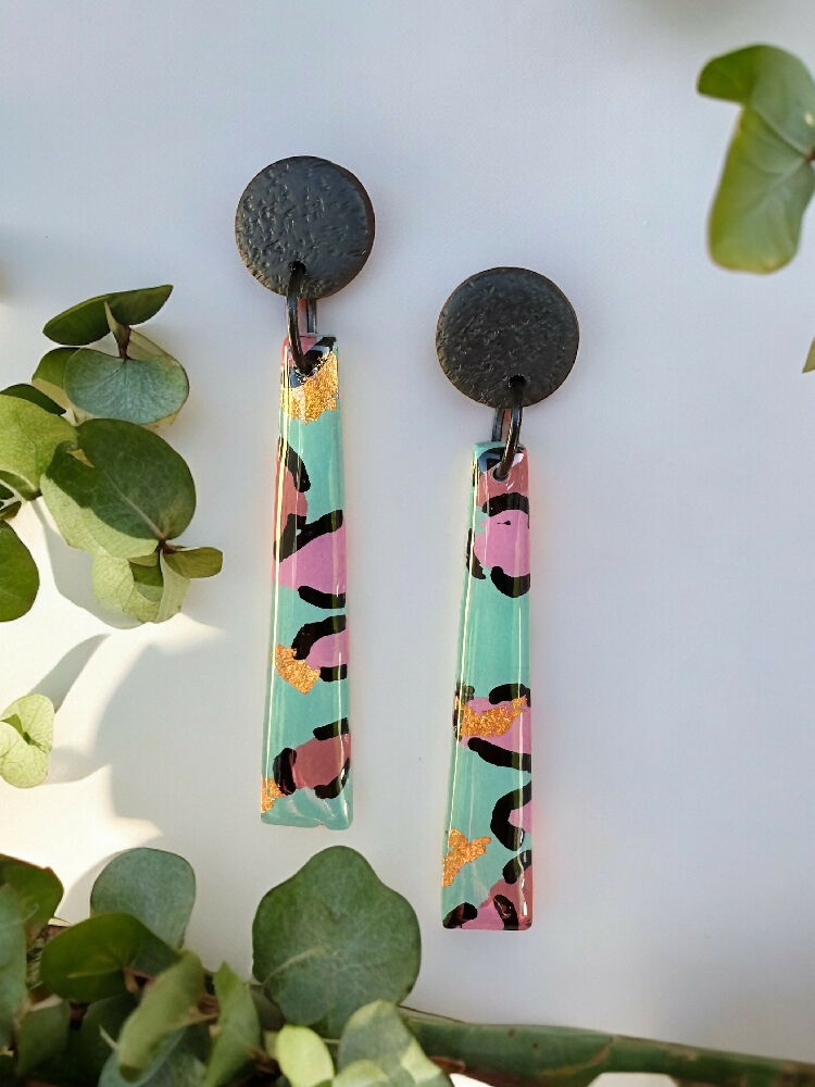 Leopard Print Thin Dangles - Dusty Green and Black