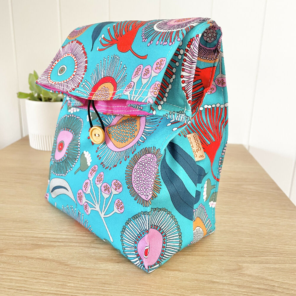 Lunch Bag Cotton Canvas~ Reusable, Fold Over~ Blossoms Blue