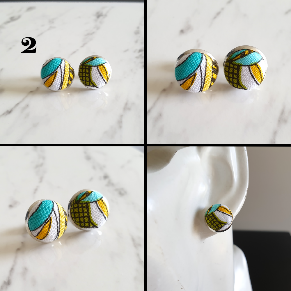 1.4cm Round Colourful Boho style cotton fabric Silver colour Cabochon stud earrings