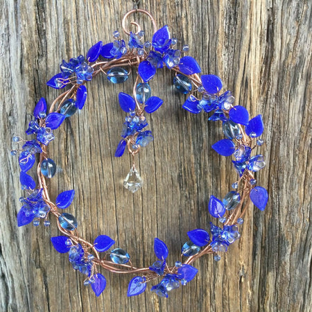 Flower Wreath Copper Wire Wrapped Glass Beads Leaves Wall Decor