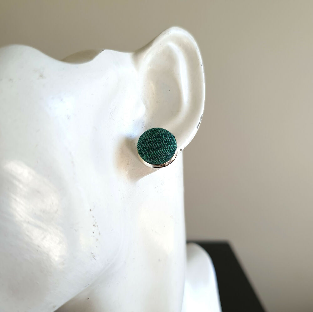 1.4cm Round Green Gradient Japanese Kimono Fabric Silver colour Cabochon stud earrings