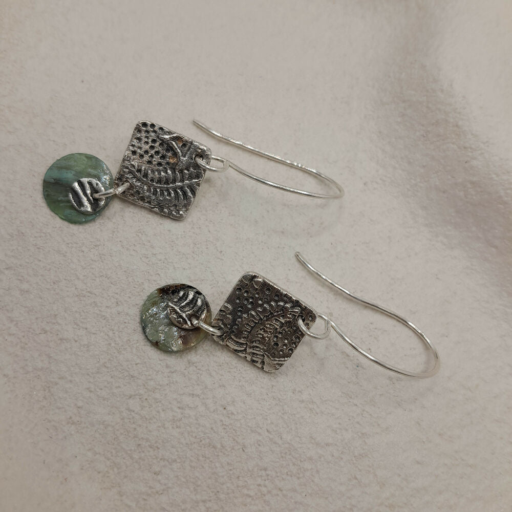 Fine silver earrings fern and mother of pearl -handmade ear wire