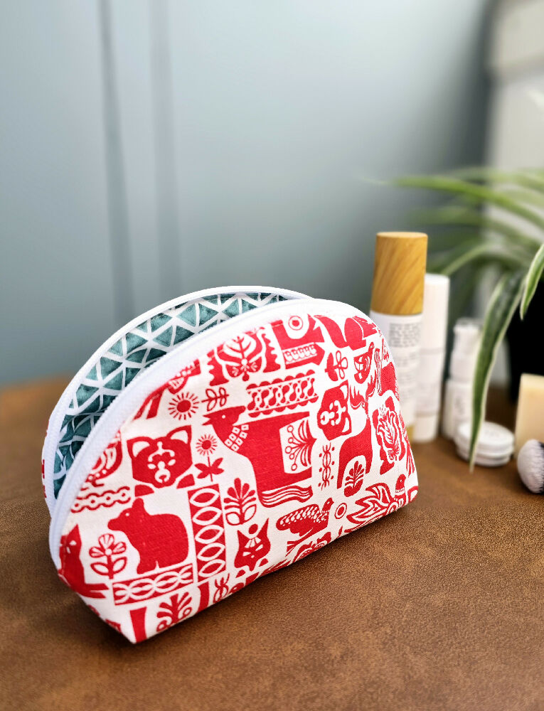 Make up bag. Scandi red & white design. Cosmetic pouch. Toiletry purse.