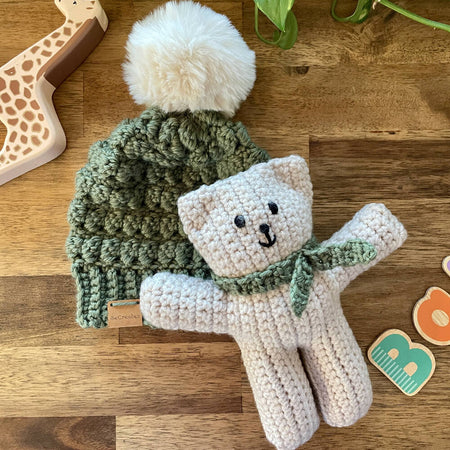 Newborn Baby Bundle | Handmade Beanie & Teddy Bear | Sage Green