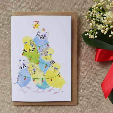 Budgie Christmas card featuring a tree of budgies