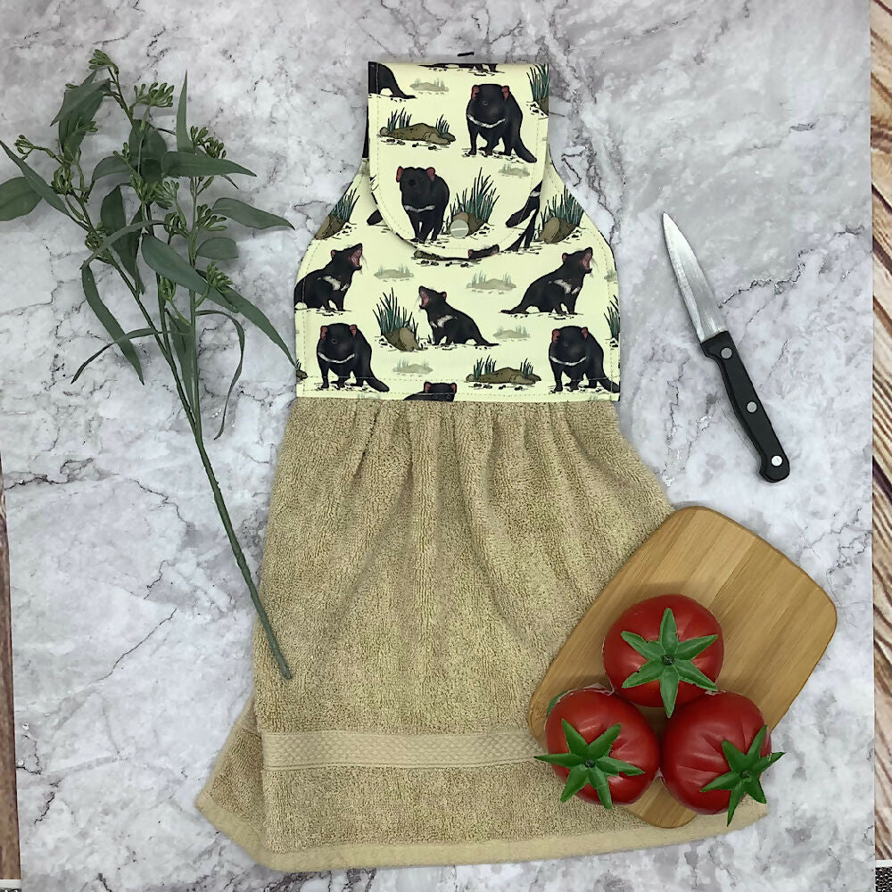 Tasmanian Devils hanging hand towel with fabric and loop top.