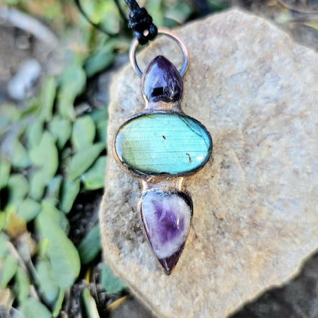 Labradorite and Amethyst Electroformed Copper Pendant