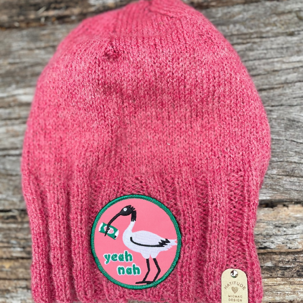 HATITUDE Pink Handknitted beanie with “Yea Nah” Patch