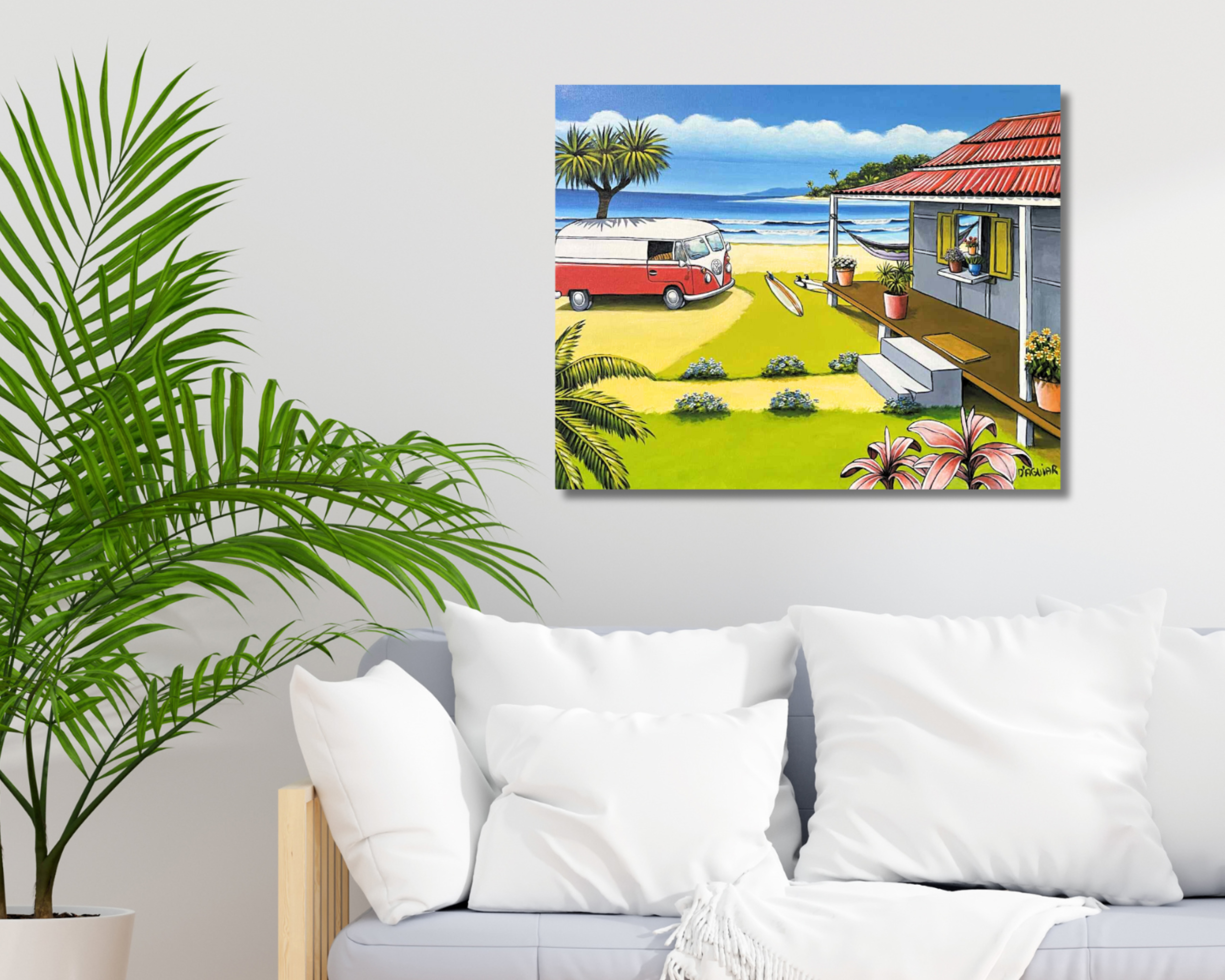 RED KOMBI ON THE BEACH original acrylic art painting (60x75cm)