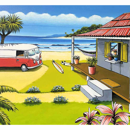 RED KOMBI ON THE BEACH original acrylic art painting (60x75cm)