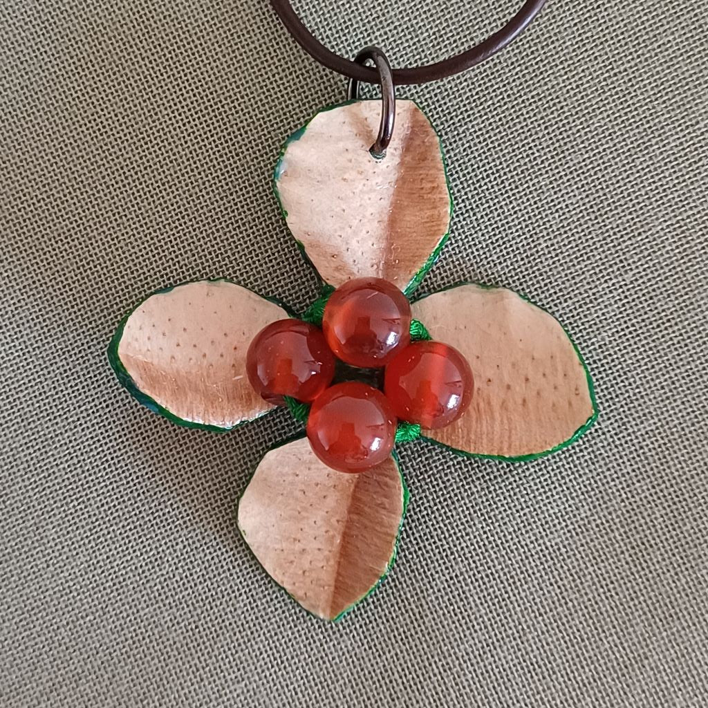 Red Berries Palm Leaf Pendant, Gemstone, Adjustable, Leather