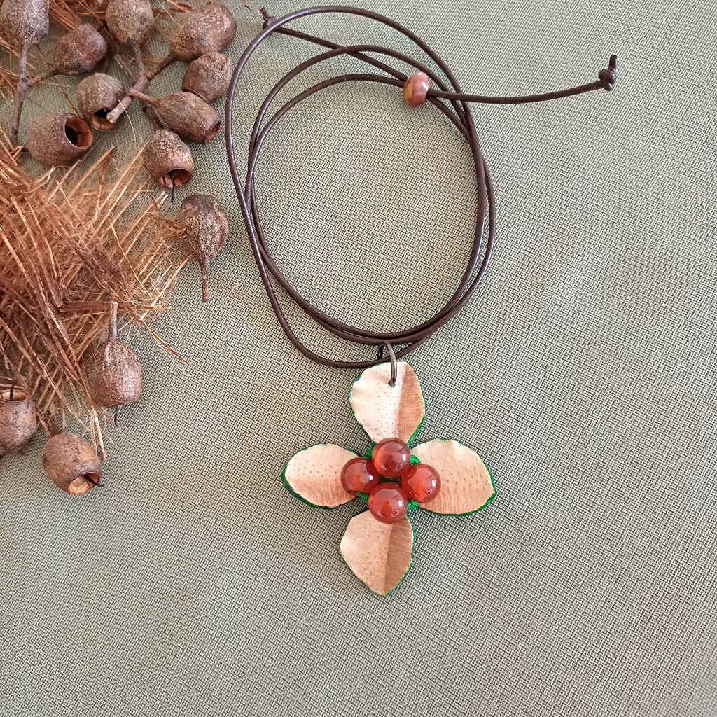 Red Berries Palm Leaf Pendant, Gemstone, Adjustable, Leather