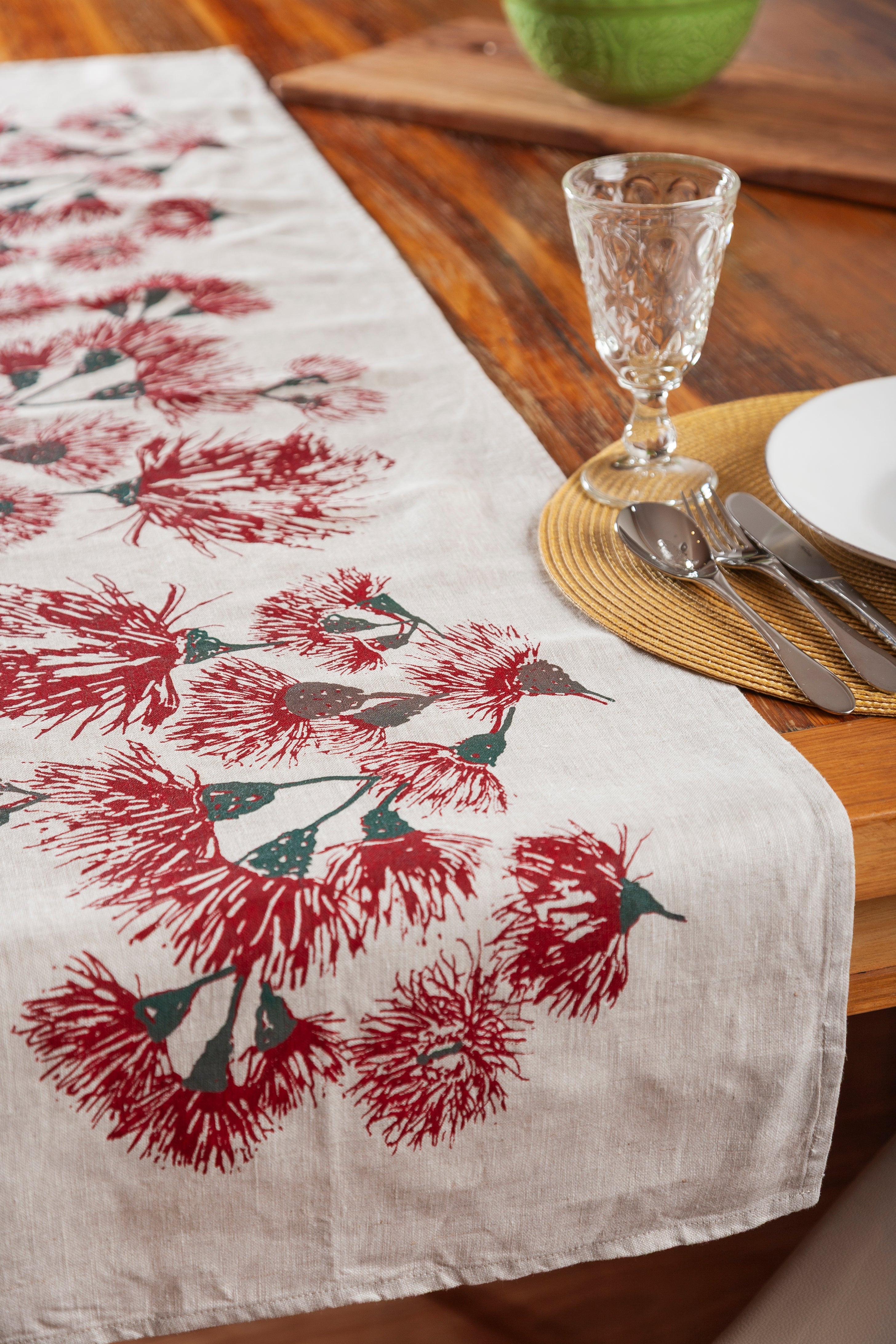 Hand screen printed Linen Table Runners-Festive Blossoms