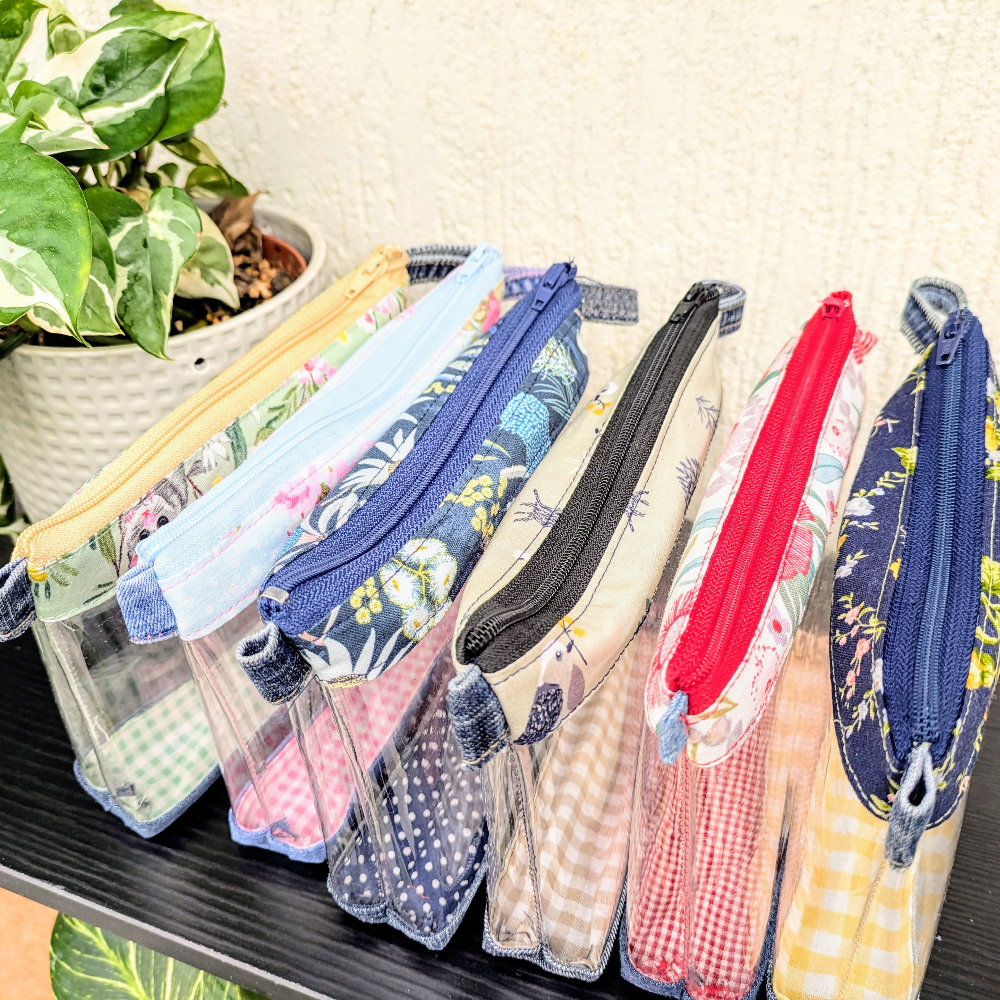 Travel Pouch Organiser Upcycled Denim Pink Rose