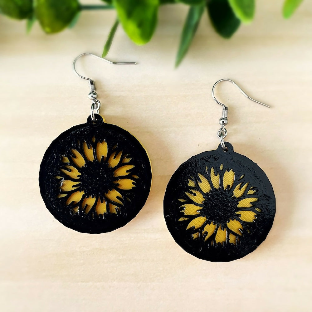 Australian-artist-handmade-jewellery-earrings-black-yellow-sunflower-earrings-round-c