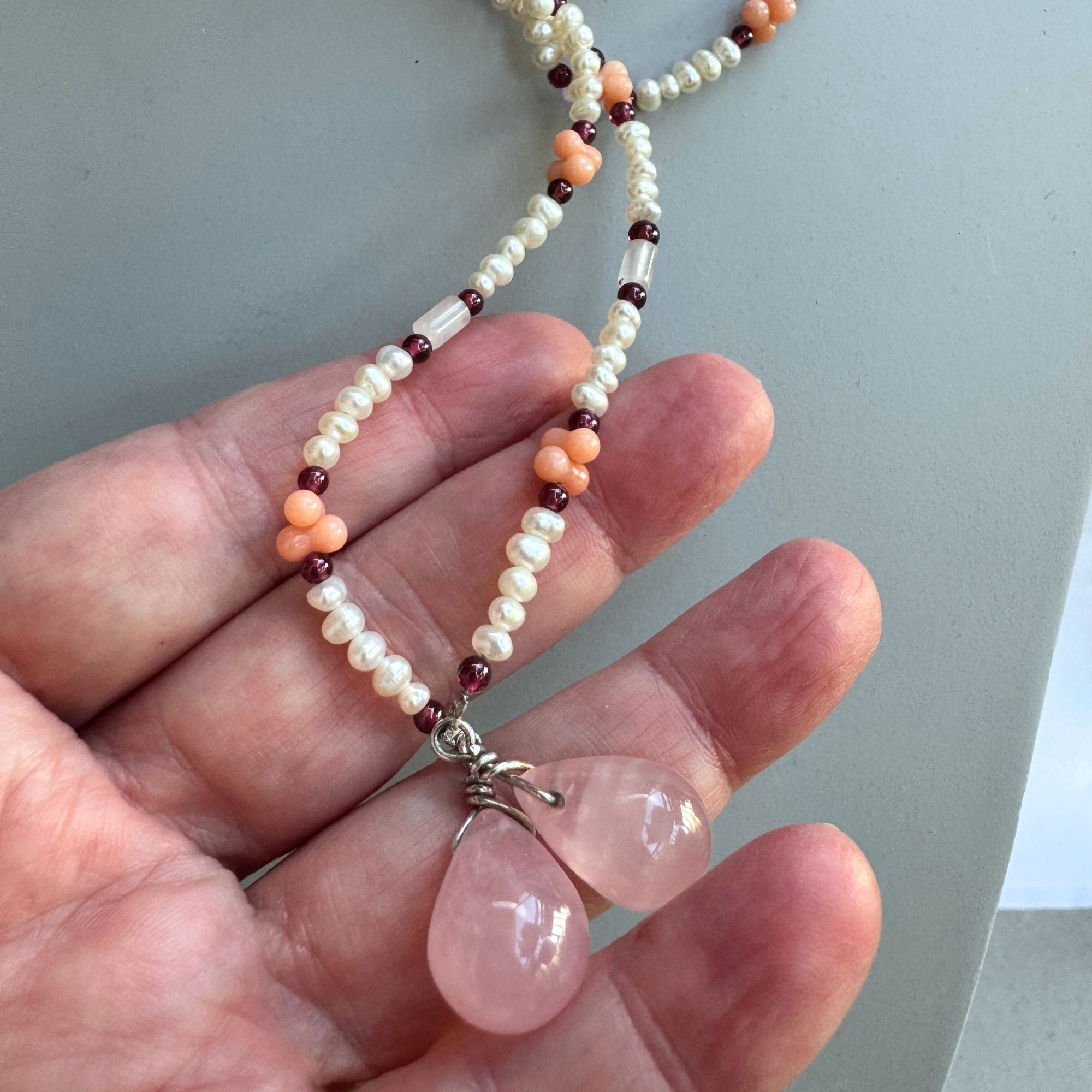 Rose quartz, coral and pearl lariat necklace
