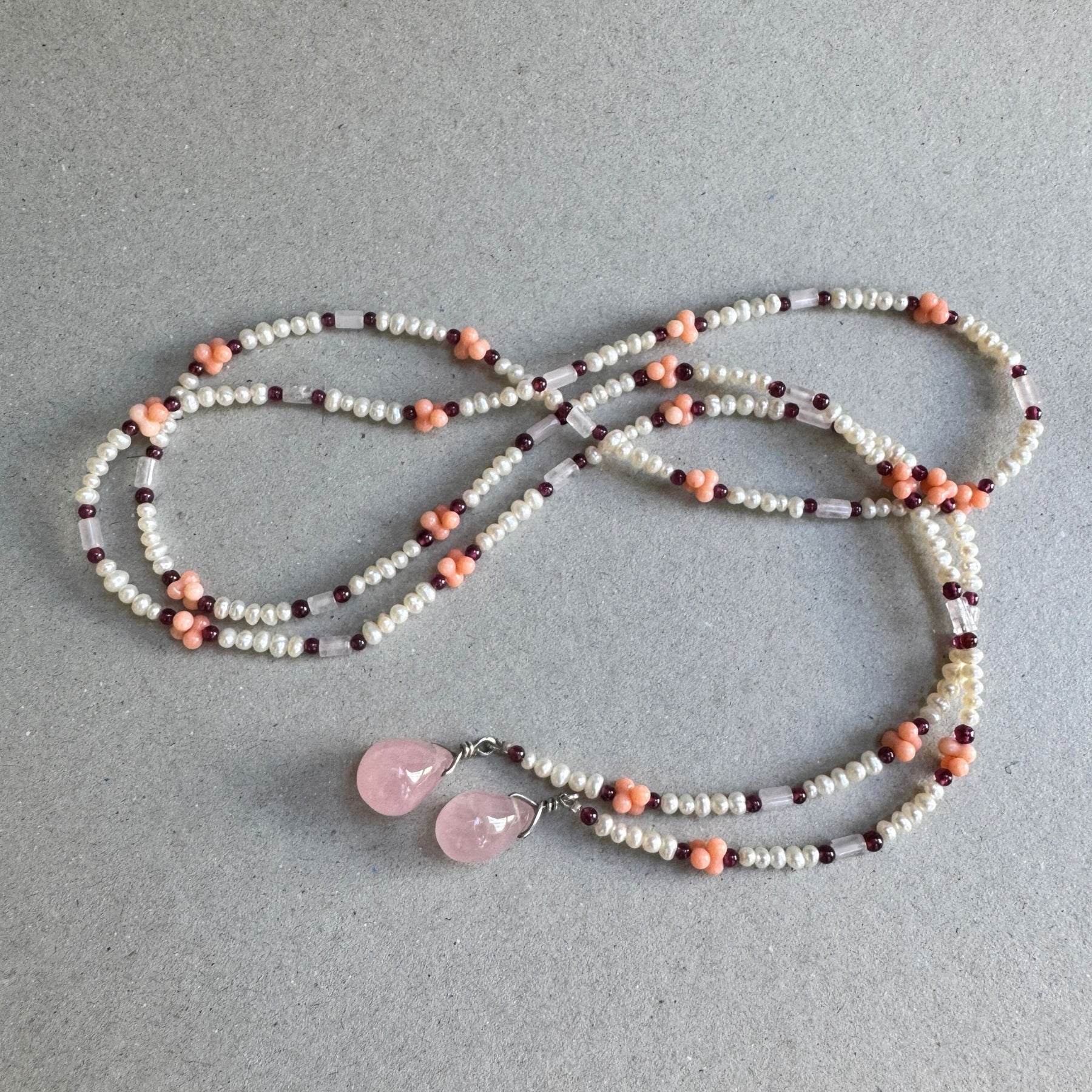 Rose quartz, coral and pearl lariat necklace