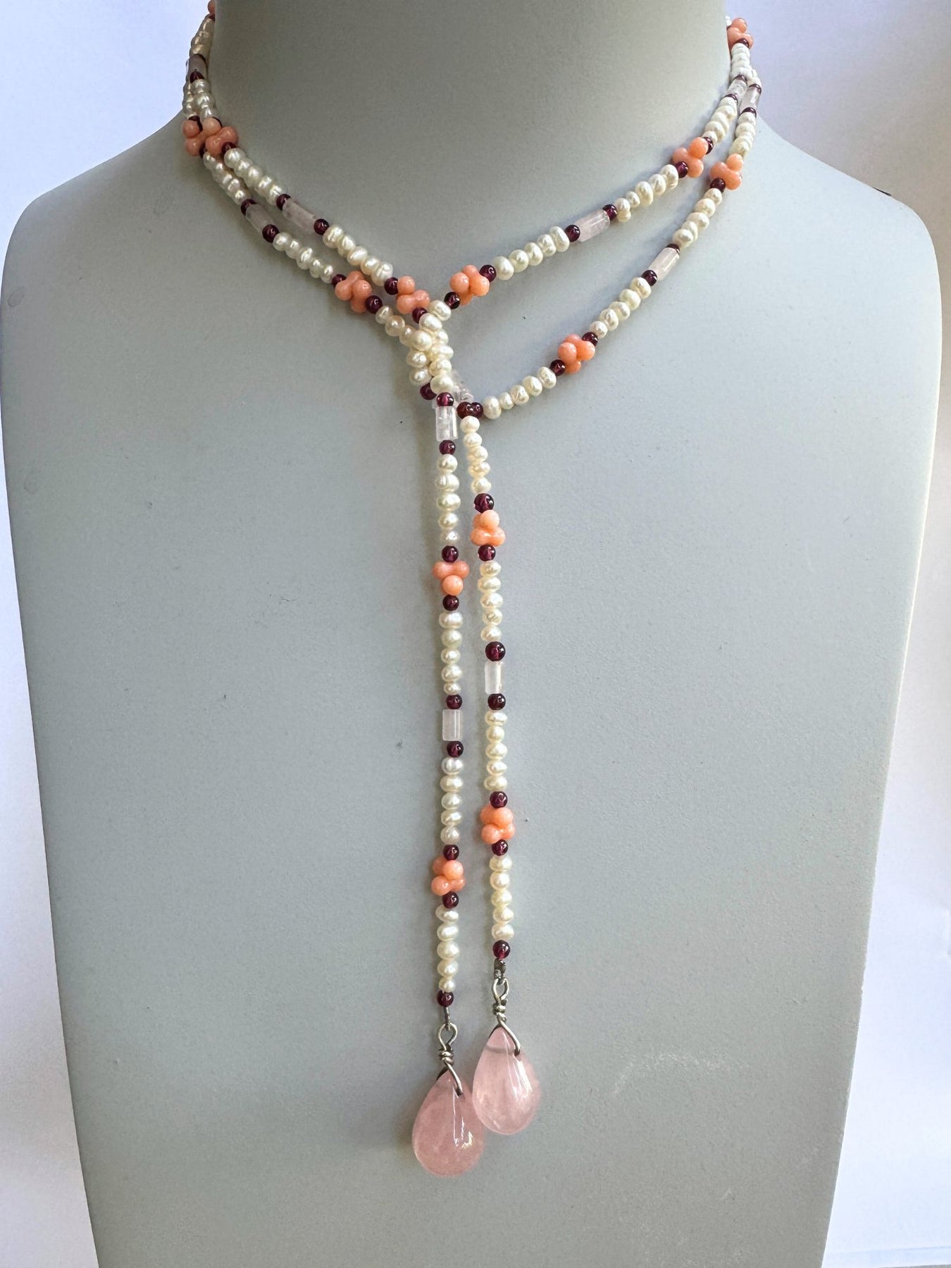 Rose quartz, coral and pearl lariat necklace