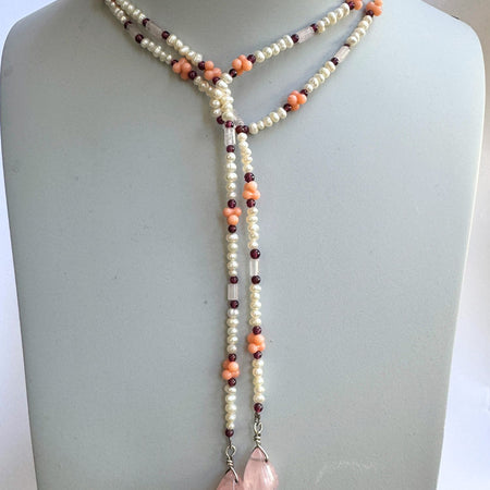 Rose quartz, coral and pearl lariat necklace