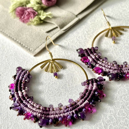 Large Purple Micro Macrame Earrings - Amethyst +Free Microfibre Pouch