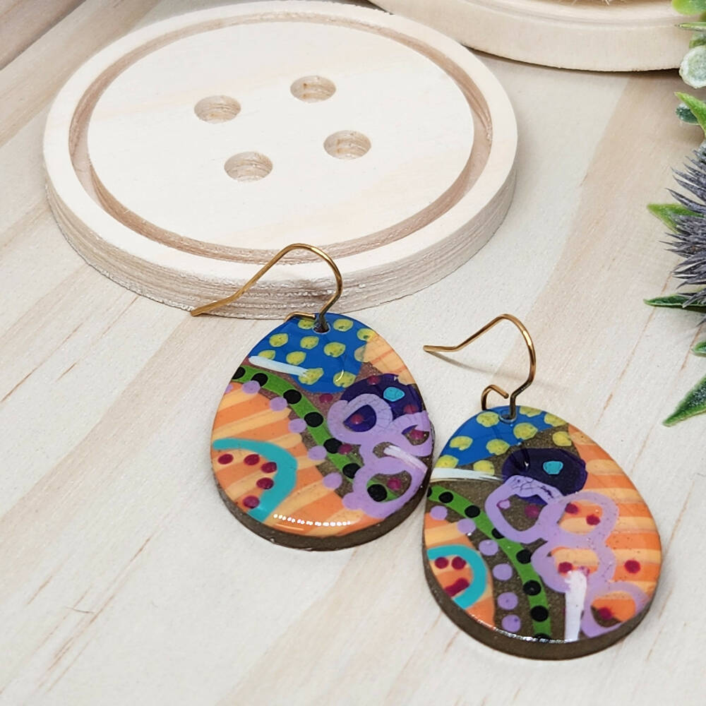 Dangle Earrings Gemma Oval Painted Handcast Resin Hook Earring