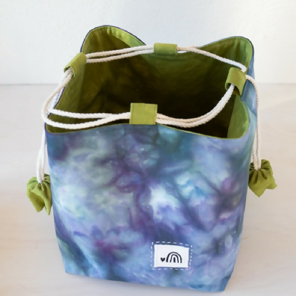 Large Ice Dyed Japanese style Rice Bag, Komebukuro Bag. Blue/Avocado