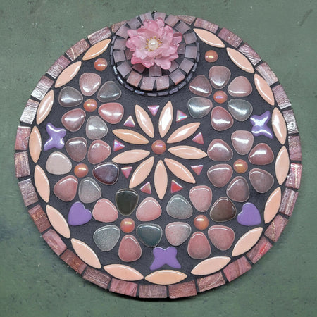 Unusual Pink Round with a Raised Pink Flower - Glass and Ceramic