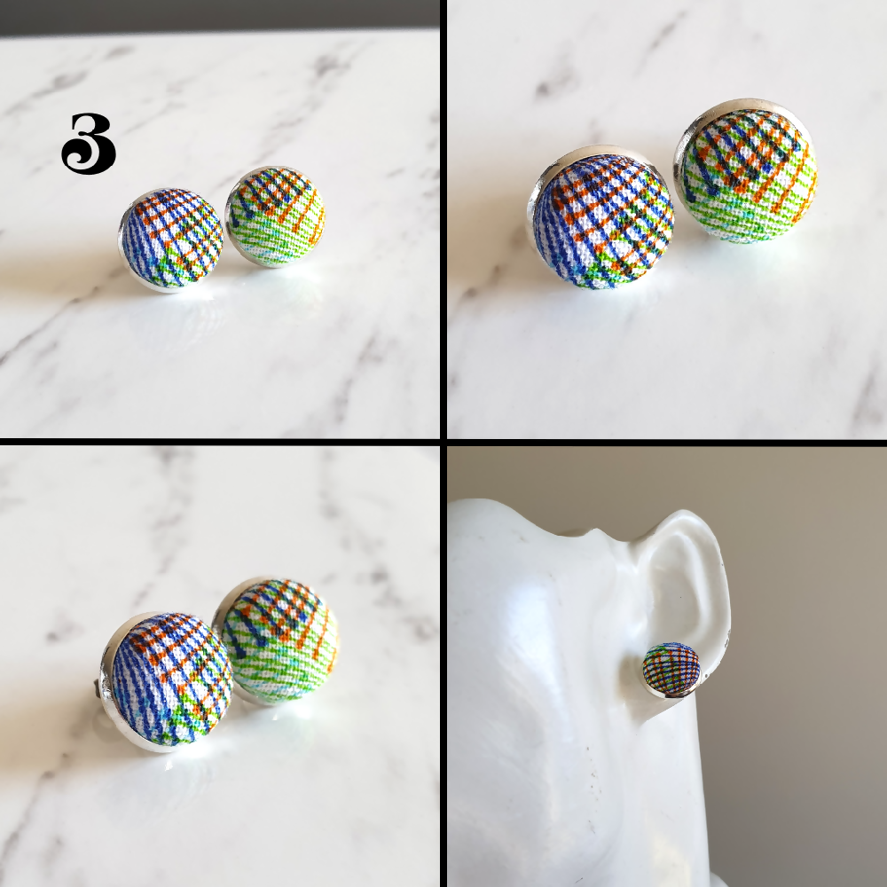 1.4cm Round Colourful Line cotton fabric Silver colour Cabochon stud earrings