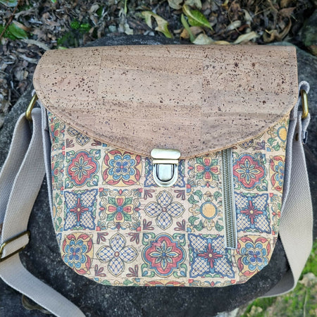 Crossbody Bag- Cork, Light Brown, Patterned with Flap