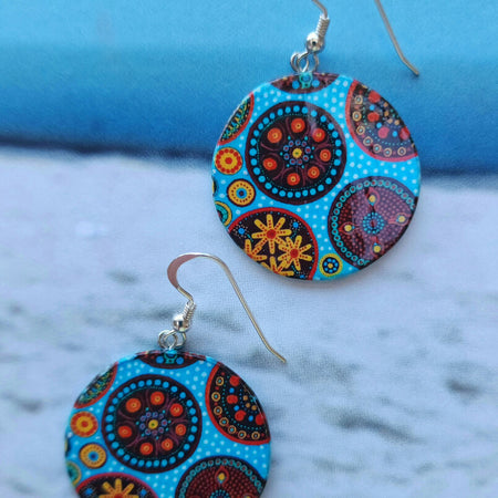 Turquoise boho earrings on silver hooks, handcarved