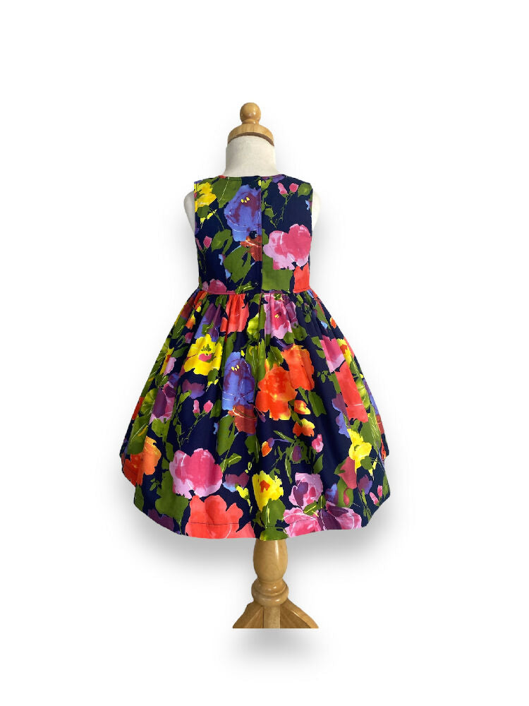 Bright Painted Flowers on Navy Tea Party Dress