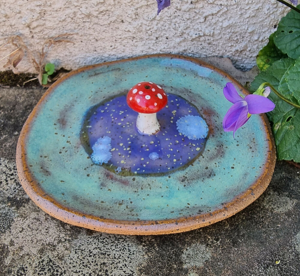 Ceramic Mushroom incense holder dish speckled brown clay