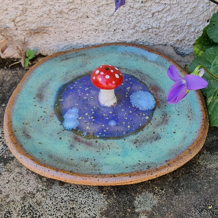 Ceramic Mushroom incense holder dish speckled brown clay