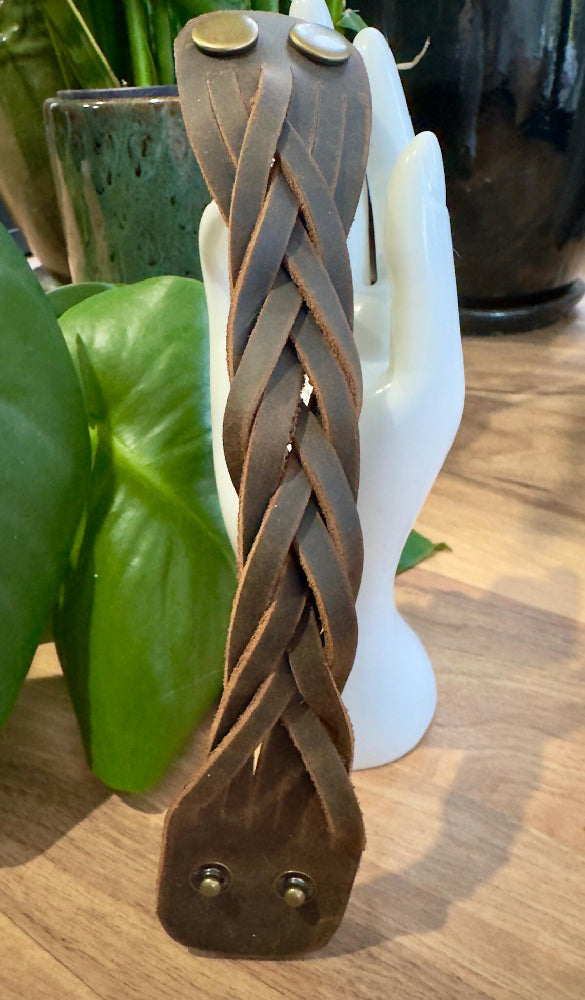 Brown Mystery Braid Leather Cuff Bracelet