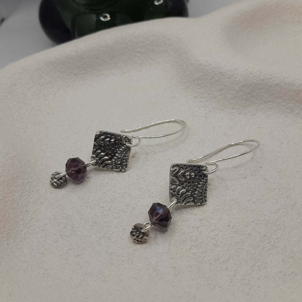 Fine silver earrings boho leaf print and bead -handmade ear wire
