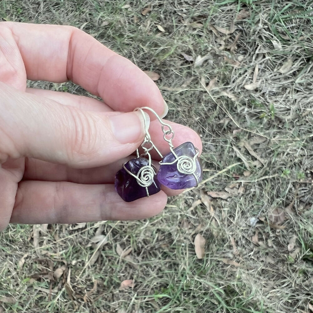 Sterling silver wrapped amethyst earrings hand