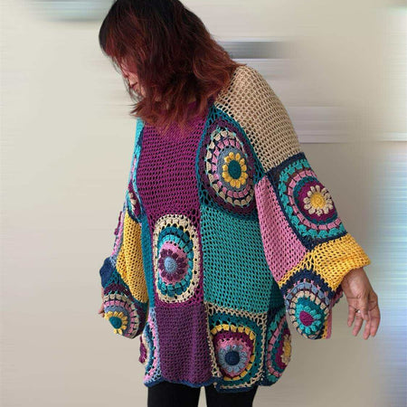One of a kind Cotton blend hand crochet Sweater – Boho Patchwork Style