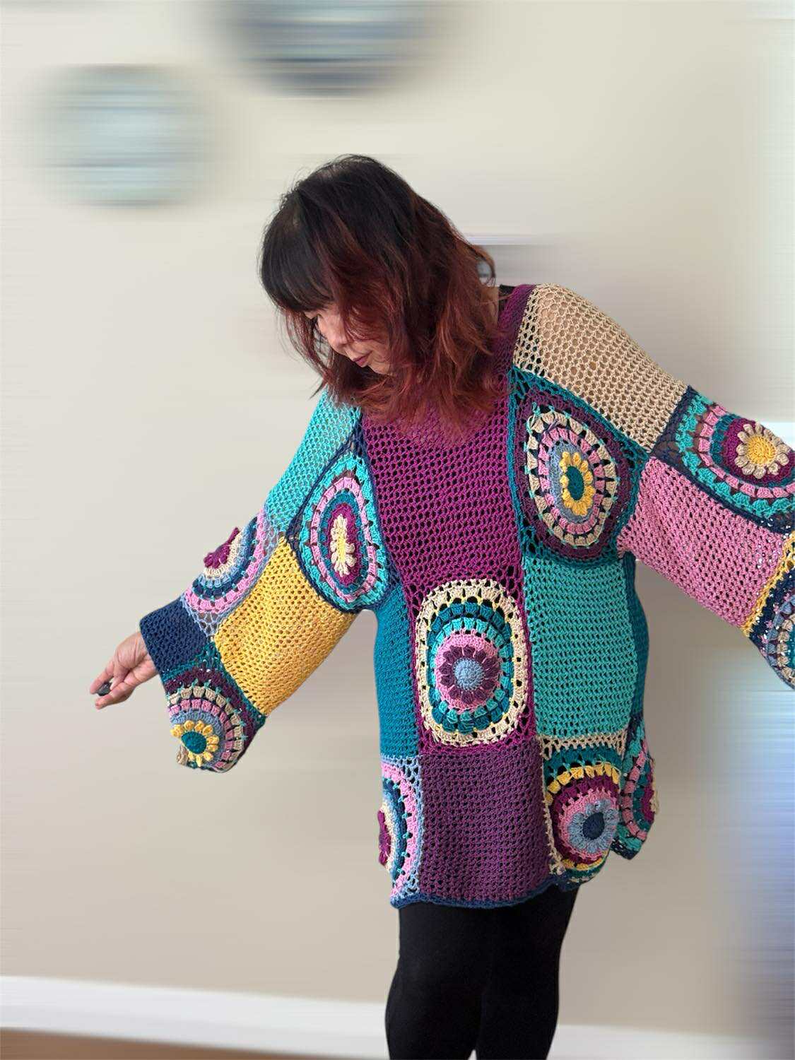 One of a kind Cotton blend hand crochet Sweater – Boho Patchwork Style