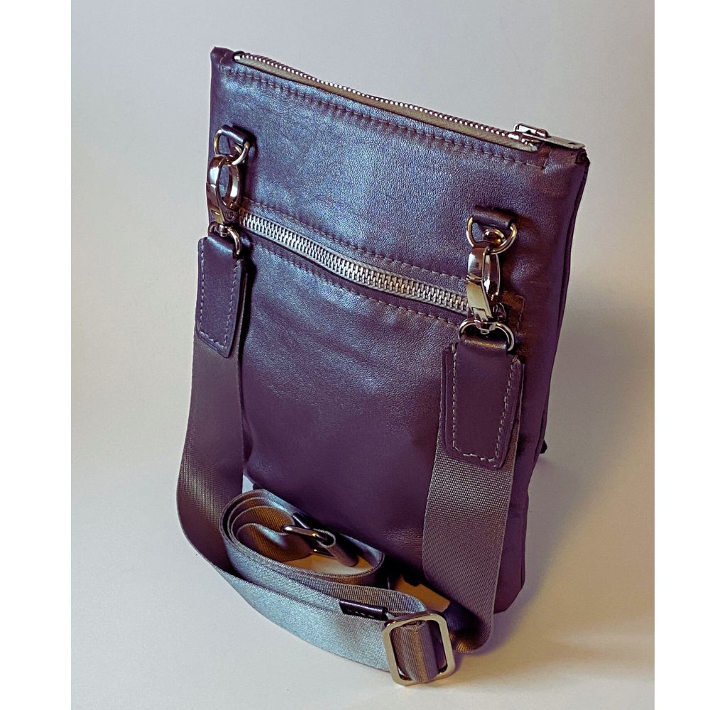 Metallic steel grey crossbody zip top pouch
