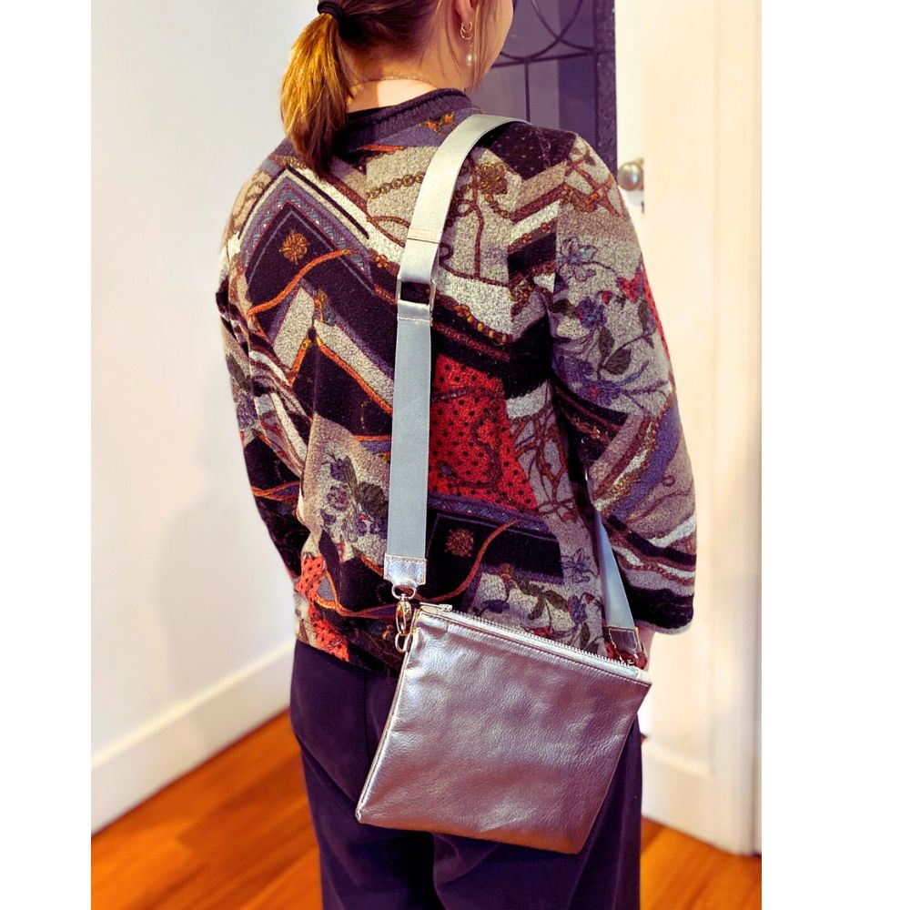 Metallic silver zip top crossbody bag