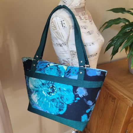 Upcycled tote - vivid blue green flower