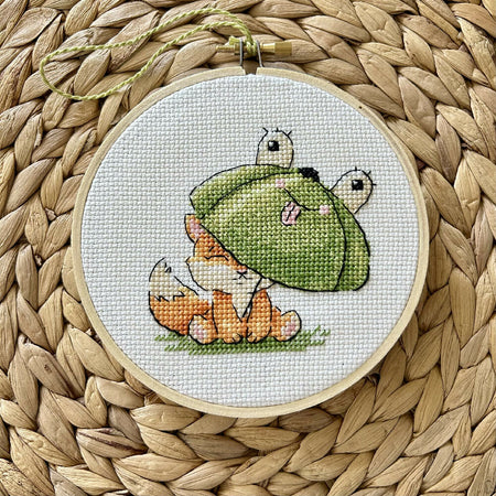 Handmade | Cross Stitch | Fox Beneath A Playful Frog Umbrella | Wall Art | Decor | Ready to Ship