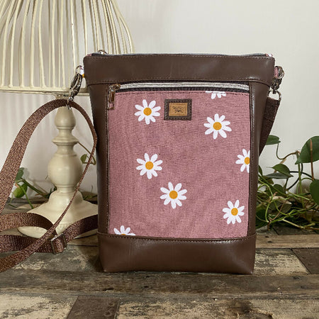 Hipster Crossbody Bag - Daisies on Pink/Dk. Brown Faux Leather