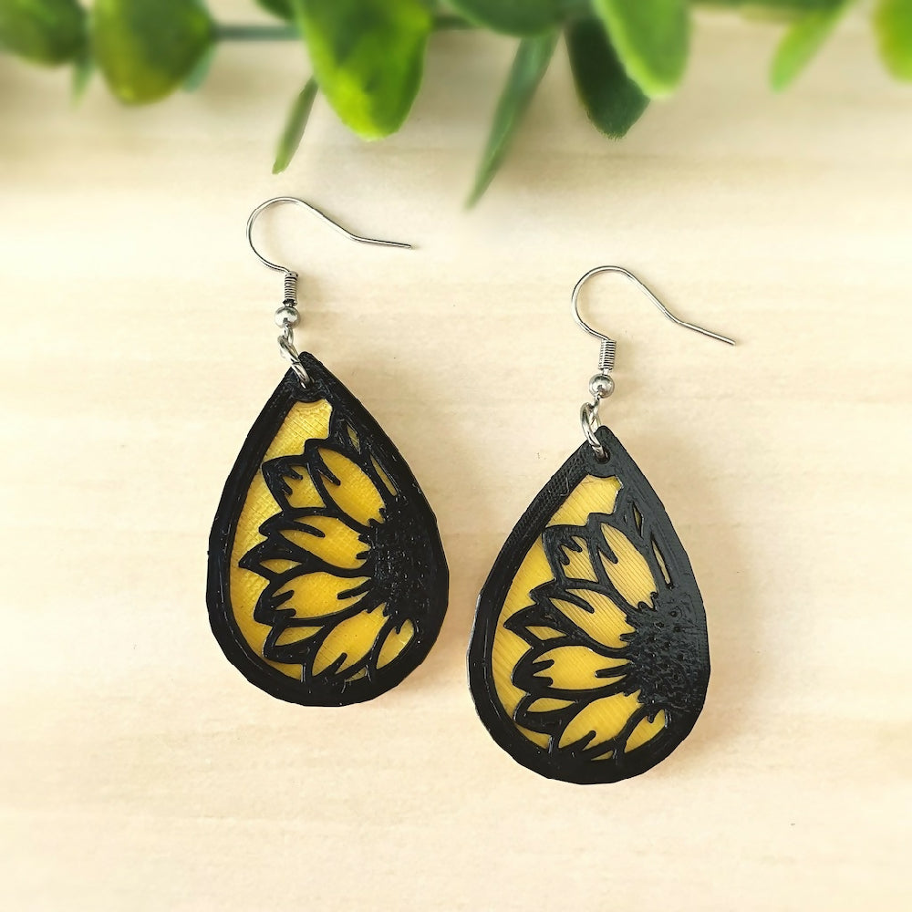 Australian-artist-handmade-jewellery-earrings-black-yellow-sunflower-earrings-drop-a