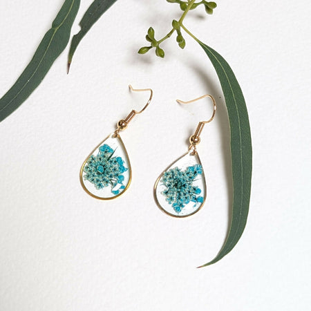 Gold teardrop earrings with teal Queen Anne's Lace