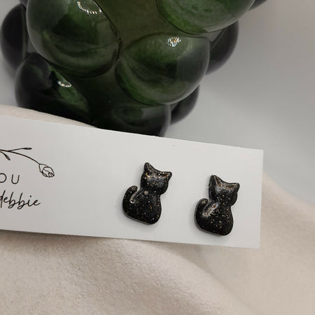 Black Glitter cat stud earrings- hypoallergenic