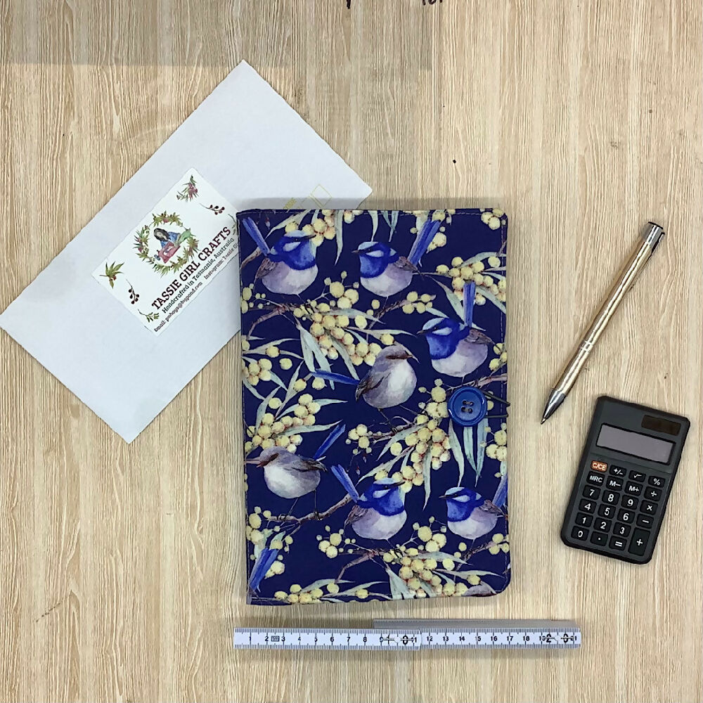 Blue Wren (white) refillable A5 fabric notebook cover gift set - Incl. book and pen.