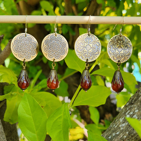 Etched brass dangle earrings with red agate